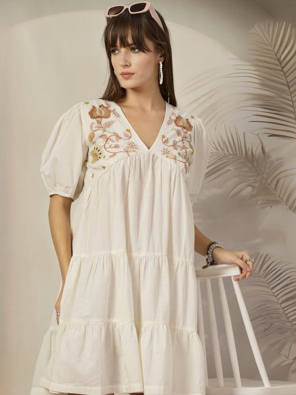 Cream Solid & Embroidered Cotton Flared Dress