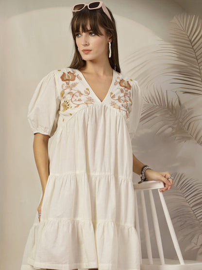Cream Solid & Embroidered Cotton Flared Dress