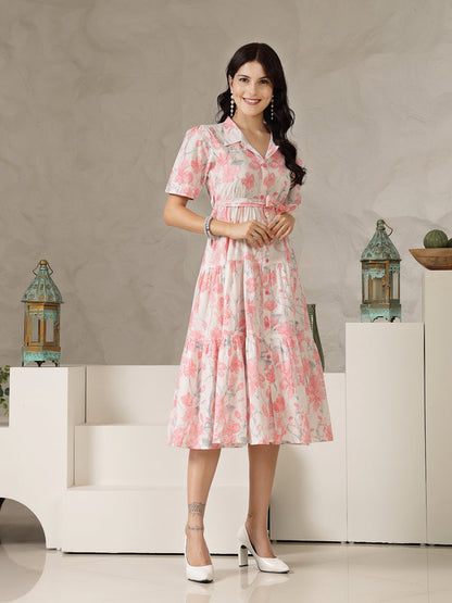 Pestal Pink Floral Printed Cotton Flared Dress