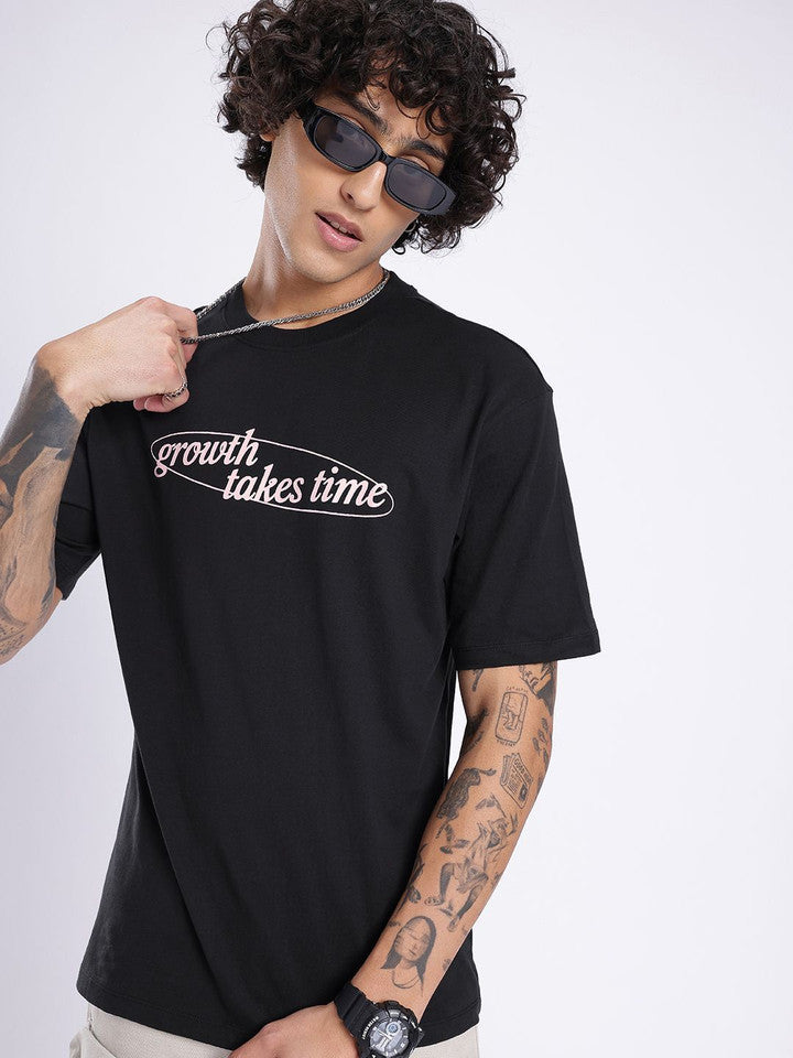 Men Printed Round Neck Cotton Blend Black T-Shirt