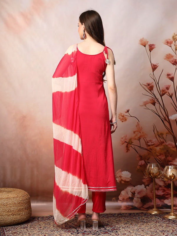 Rose Gold Solid & Embroidered Rayon A-Line Kurta Dupatta Set