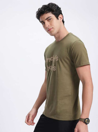 Men Printed Round Neck Cotton Blend Green T-Shirt