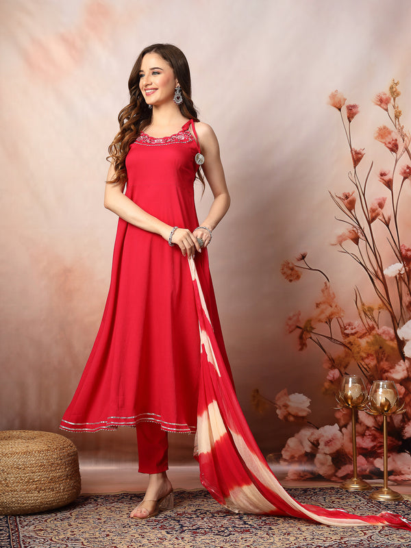 Rose Gold Solid & Embroidered Rayon A-Line Kurta Dupatta Set