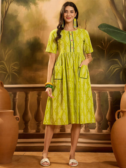 Green Printed Cotton A-Line Dress