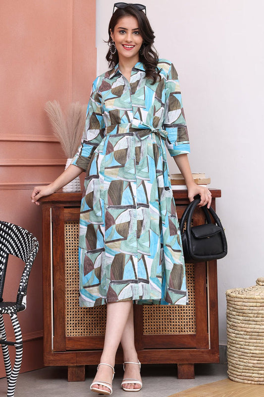 Blue Color Abstract Printed Cotton Ethnic Dress