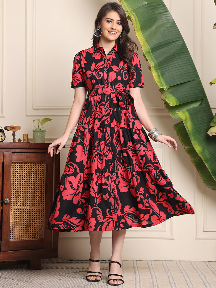 Black Colour Floral Printed Cotton Dress