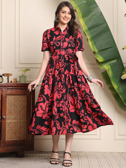 Black Colour Floral Printed Cotton Dress