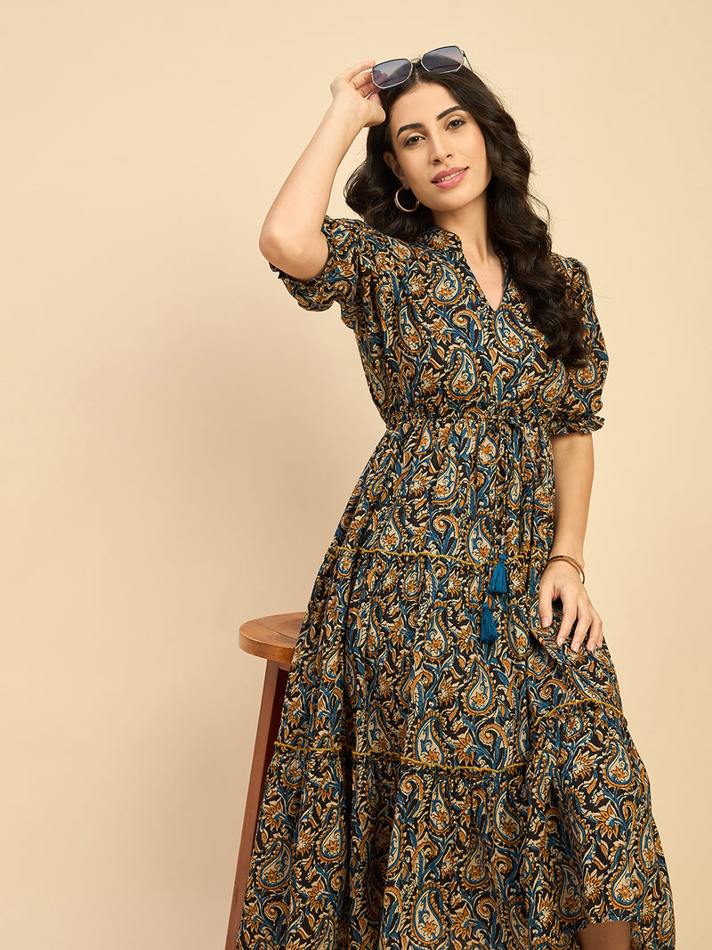 Ethnic Motifs Printed Cotton Empire Midi Dress