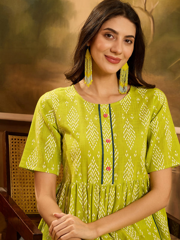 Green Printed Cotton A-Line Dress