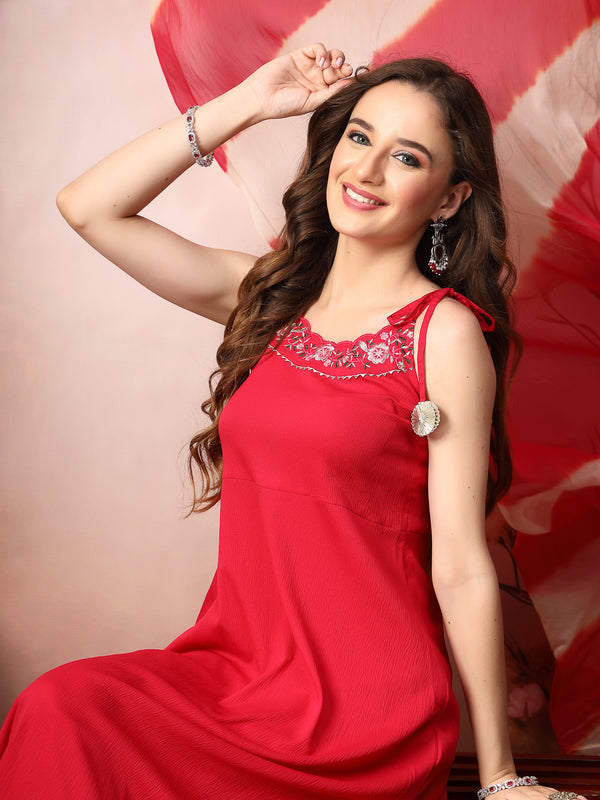 Rose Gold Solid & Embroidered Rayon A-Line Kurta Dupatta Set