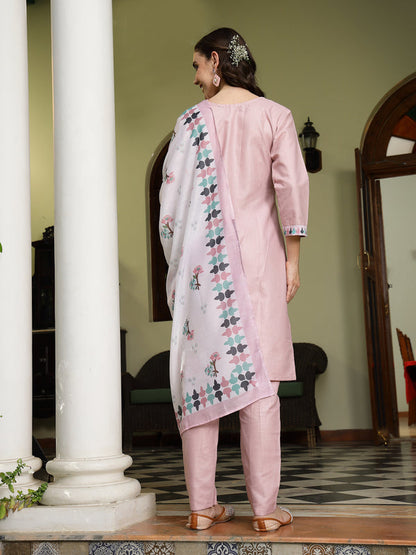 Pink Solid Cotton Straight Kurta Pant Dupatta Set